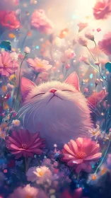 Fluffy white cat surrounded by pink flowers with soft bokeh lighting effects