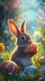 Sweet springtime bunny cradling a colorful Easter egg.