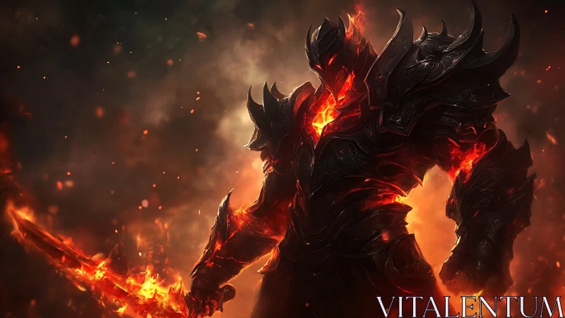 Infernal armored warrior wields molten flaming sword in gloom