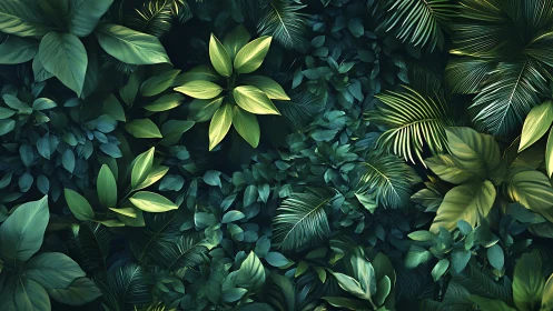 Dense tropical foliage rendered with layered depth and cool lighting