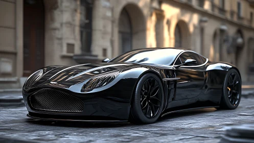 Sleek black supercar glides confidently through quiet city streets