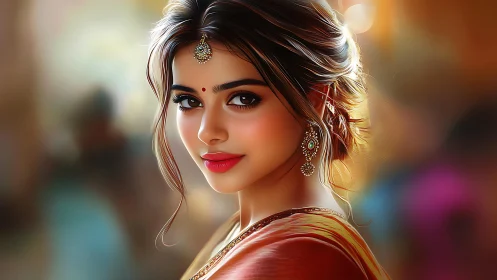 Digital portrait of woman in saree with warm lighting.