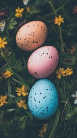 Three speckled pastel eggs lie on grass among yellow flowers