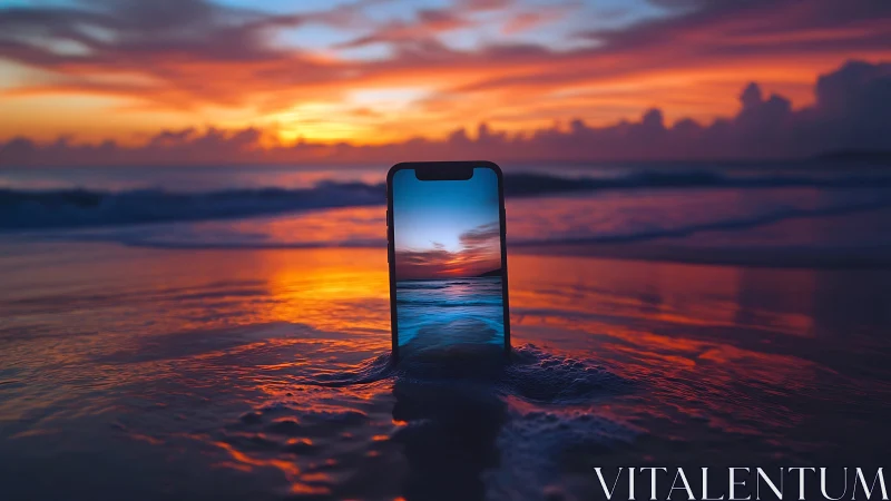 Smartphone placed in shallow surf during saturated sunset