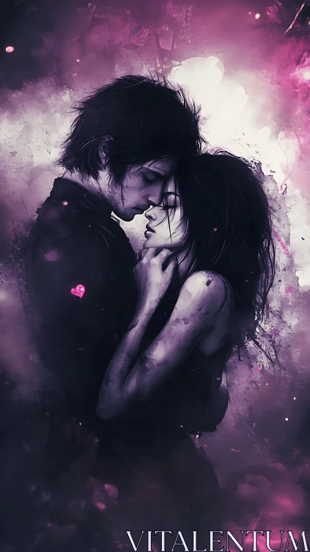 Silhouetted couple in atmospheric purple and pink light