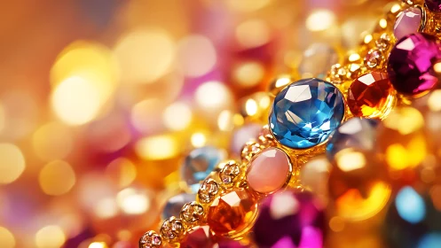 Macro close-up of multicolored faceted gemstones in warm bokeh
