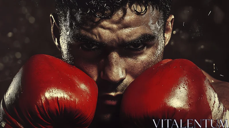 Boxer in Red Gloves, Sweat and Determination.
