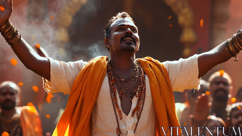Devotee raises arms in joyful orange flower celebration.