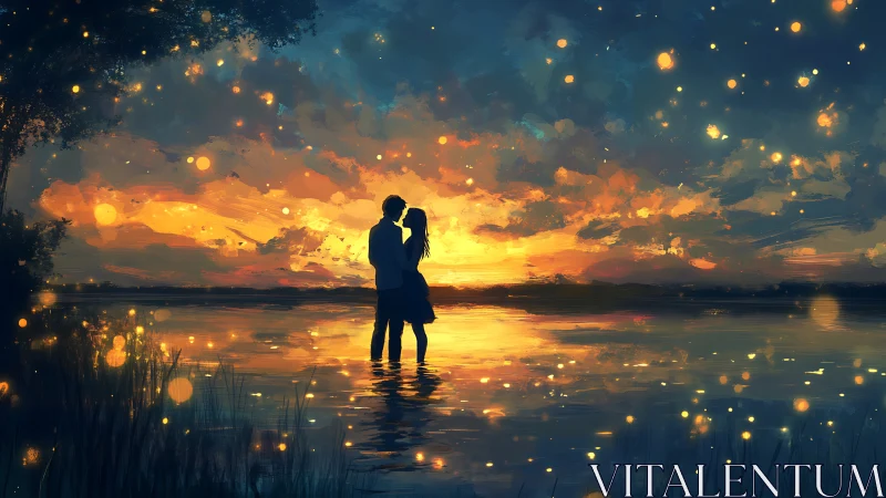 Silhouetted couple in shallow water at golden sunset