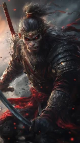Battle-hardened monkey warrior charges through embers and smoke