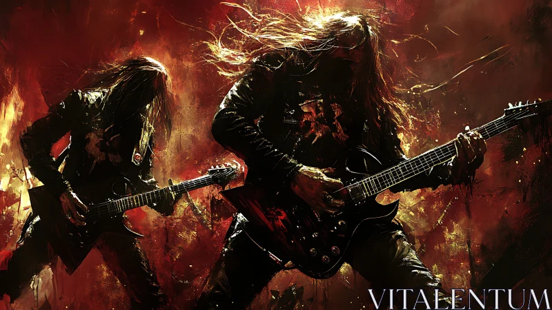 Two electric guitarists perform against abstract red background