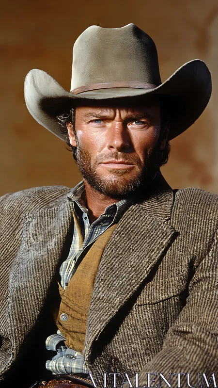 Weathered cowboy gazes ahead under harsh western sunlight