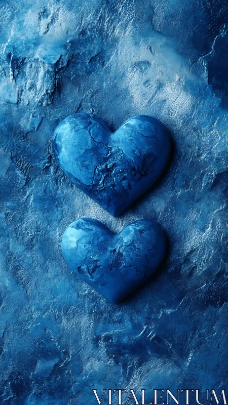 Two Textured Heart Shapes Embedded in Monochromatic Blue Dimensional Surface