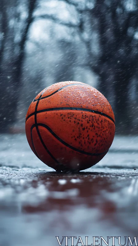 Weathered basketball on wet court in dramatic winter rain.