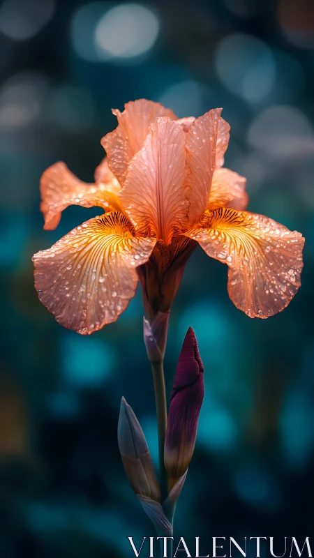 Dewlit peach iris opens softly against a dreamy teal glow