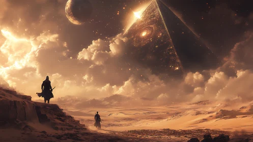 Wandering warriors approach colossal cosmic pyramid under twin moons