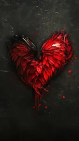 Red Heart with Feather Textures Against Dark Grungy Surface.