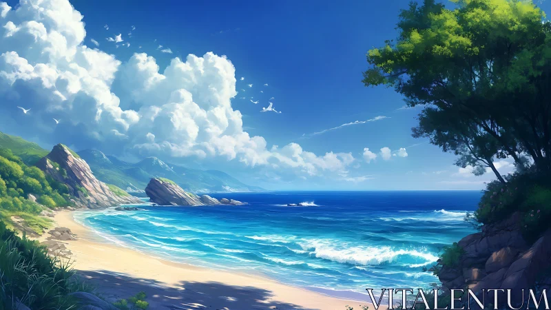 Sunlit tropical coast with vivid turquoise surf and cliffs.
