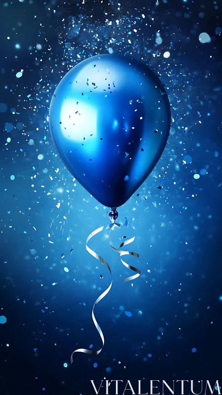 Blue Balloon with White Ribbon Rising Through Particle Explosion