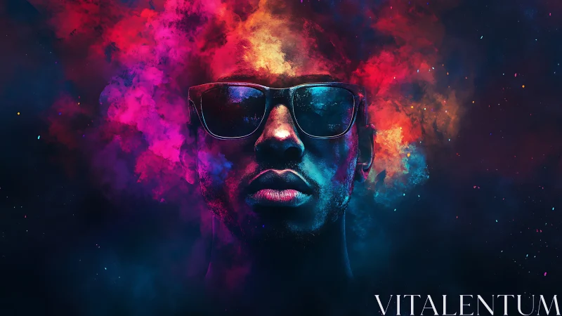 Digital portrait shows face with glasses amid diffuse color clouds