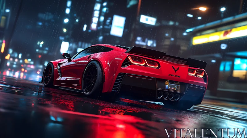 Red sports car glows on a rainy neon city street at night