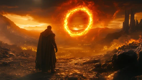 Cloaked figure facing fiery ring over volcanic landscape.