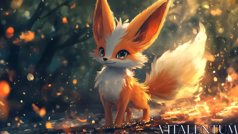 Orange foxlike creature in glowing forest environment.