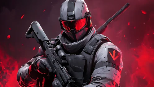 Armored sci fi soldier grips rifle in red smoke