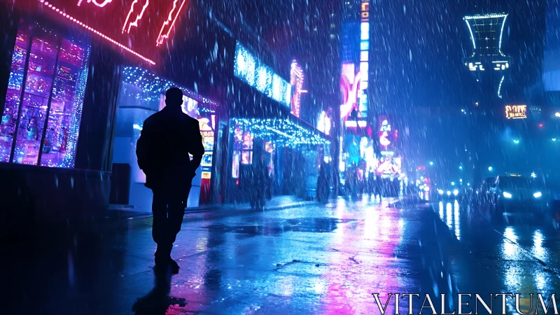 Lone figure walks through neon city street under heavy rain