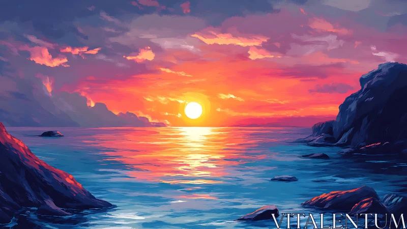 Coastal seascape with sun descending over distant horizon.