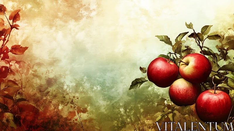 Red apples on branch against textured abstract background.
