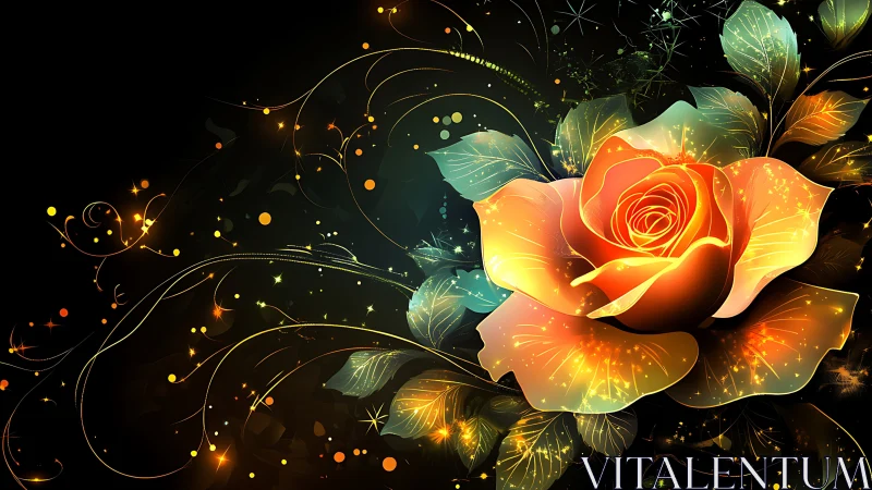Luminous Orange Rose with Ethereal Particle Effects.