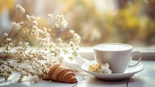 Morning latte with croissant beside delicate florals on windowsill.