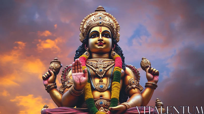 Golden Hindu deity statue under vivid stormlit sky.