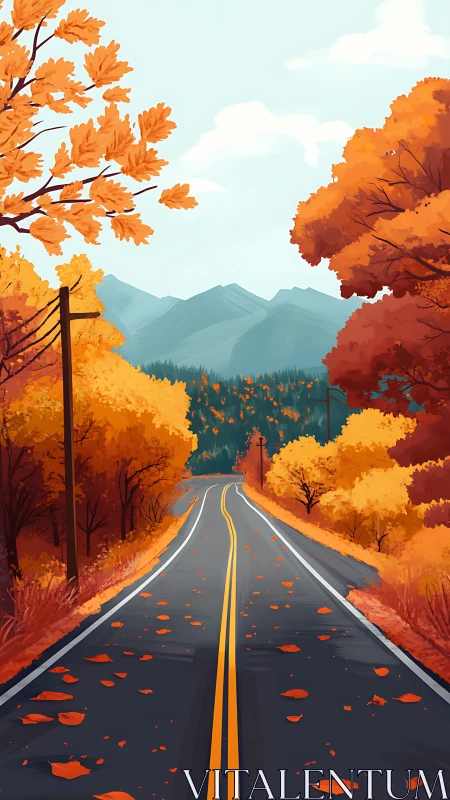 Autumn highway perspective under stylized foliage and layered mountains