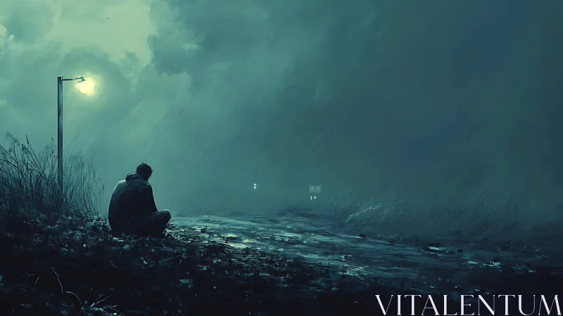 Solitary figure sits in rain beneath single roadside lamp