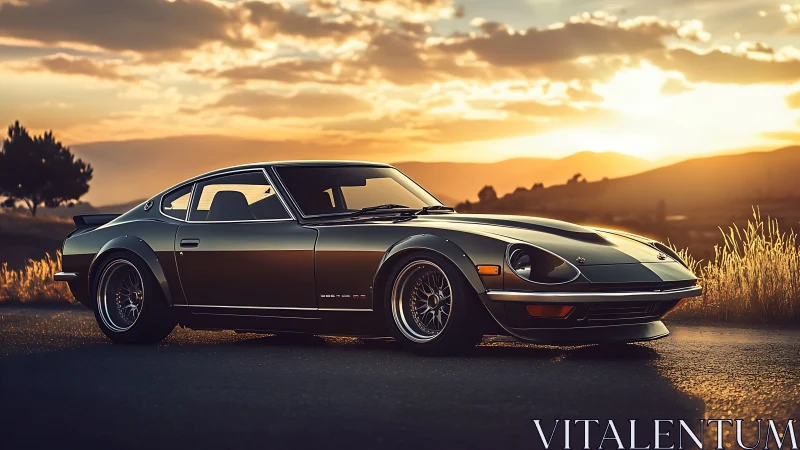 Sunlit classic sports coupe on rural highway at dusk.