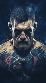 Tattooed fighter stares downward under dramatic blue lighting