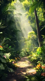 Sunlit Jungle Canopy Path Through Lush Tropical Forest