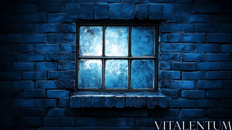 Blue brick wall with single lit frosted window at night