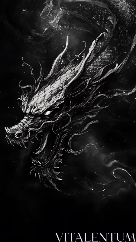 Monochrome dragon head emerging through swirling smoke.