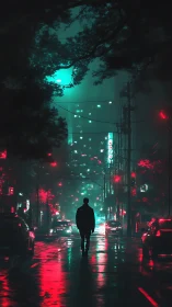 Neon rain crowns a lone wanderer in electric city fog