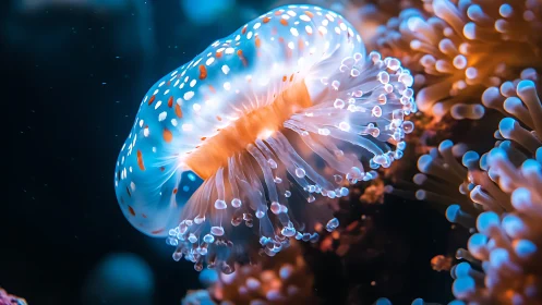 Bioluminescent jellyfish drifts through neon coral reef.