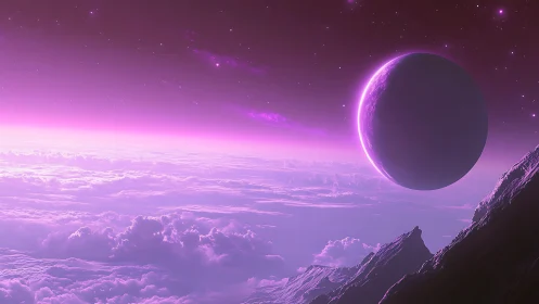 Purple extraterrestrial landscape with planet and clouds.