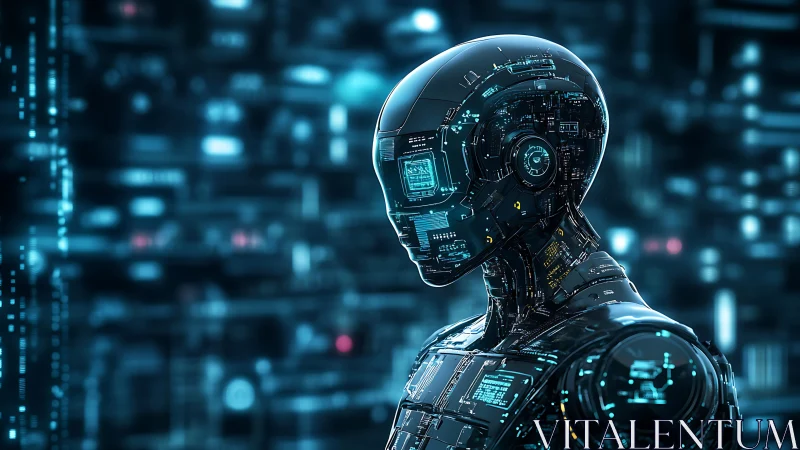 Futuristic humanoid robot scans neon data streams in cyber city