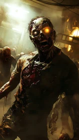 Bioluminescent-eyed alpha zombie in smoke filled corridor