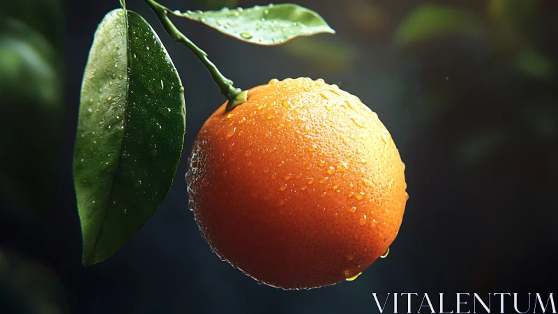 Sunlit orange hangs gently with fresh dew-kissed leaves
