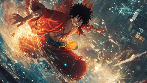 Anime warrior in crimson robe unleashes stormwater power.