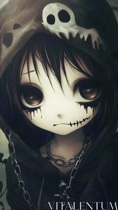 Dark hooded anime girl with skull motif and chains.