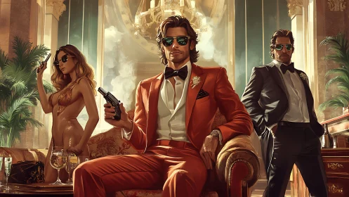 Suave crime boss lounges with armed entourage in opulence.